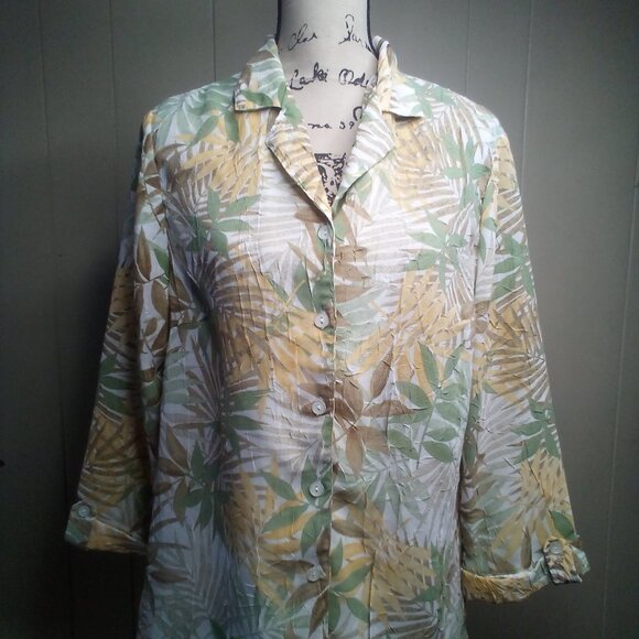 Cathy Daniels Blouse M Button Up Sheer Textured 3/4 Sleeve Floral Brown Green - Picture 15 of 16